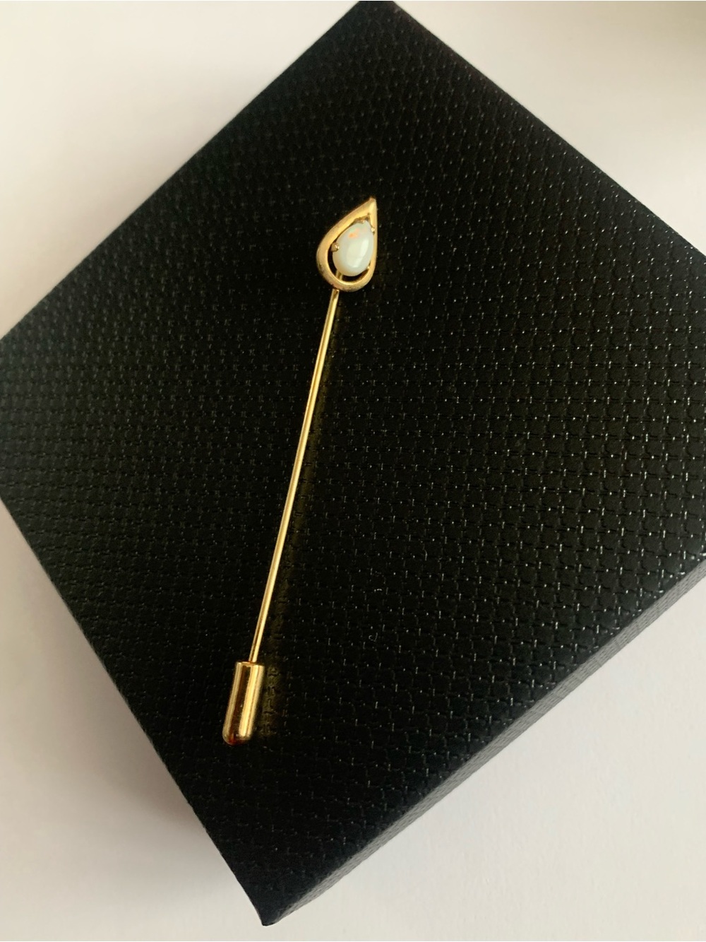 Gold Teardrop Stick Pin with White Opal Accent